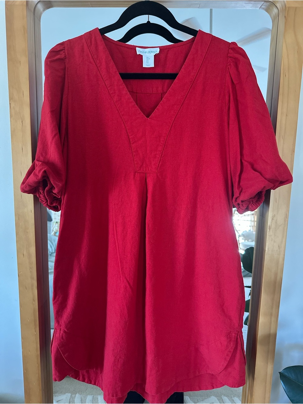 Relaxed Tunic Red V-Neck Puff Sleeve Dress Linen Blend Vacation Wear size Large - Picture 5 of 11